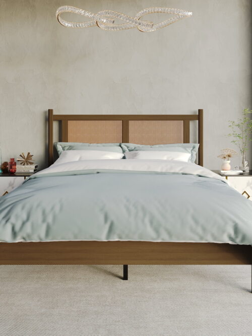 Castle Place Rattan Queen Wooden Platform Bed, Walnut