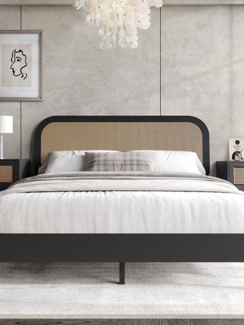 Castle Place Rattan Wooden King Platform Bed, Black