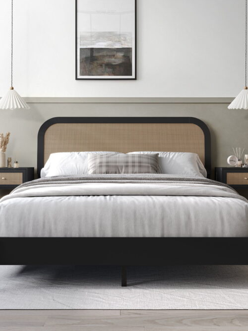 Castle Place Rattan Wooden Queen Platform Bed with 2 Nightstands, Black