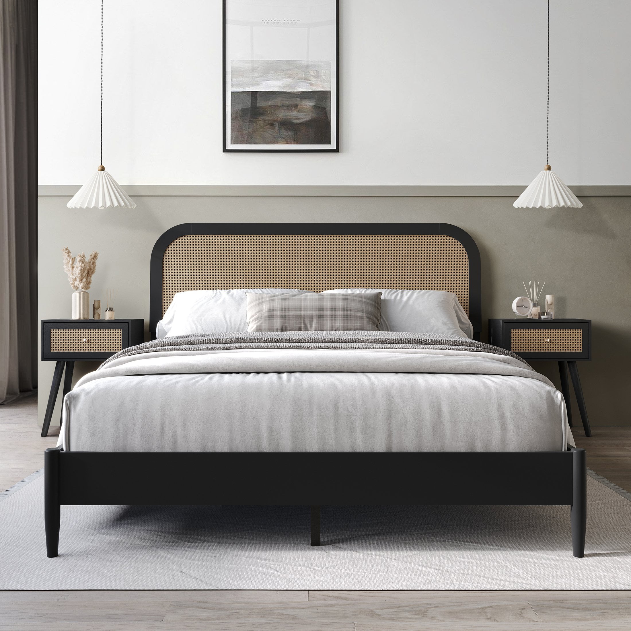 Castle Place Rattan Wooden Queen Platform Bed with 2 Nightstands, Black