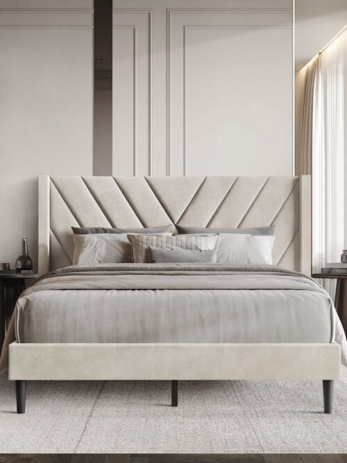 Castle Place Sophisticated Wingback Velvet Upholstered King Platform Bed, Beige