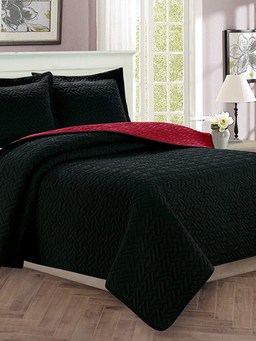 Celine Linen 2-Piece Bedspread Coverlet Quilted Set with Sham-Twin/Twin XL Black/Burgundy