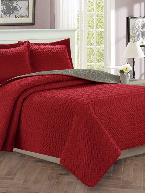 Celine Linen 3-Piece Bedspread Coverlet Quilted Set with Shams-Full/Queen Burgundy/Gray