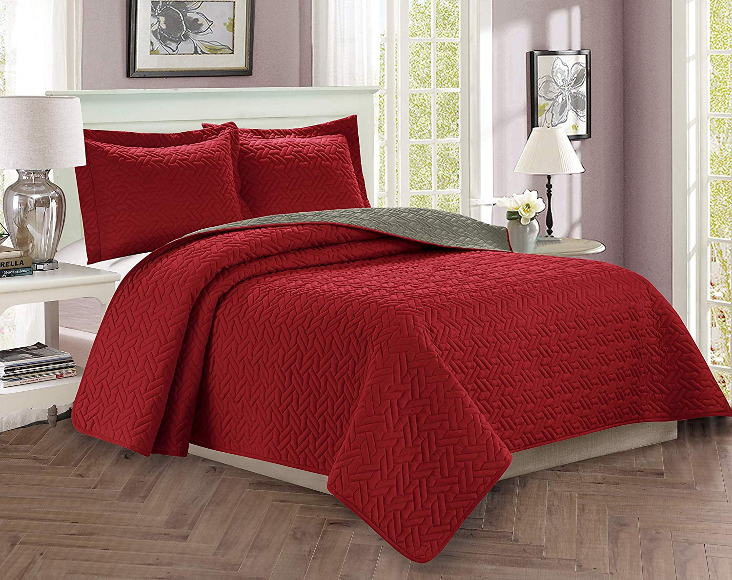 Celine Linen 3-Piece Bedspread Coverlet Quilted Set with Shams-Full/Queen Burgundy/Gray