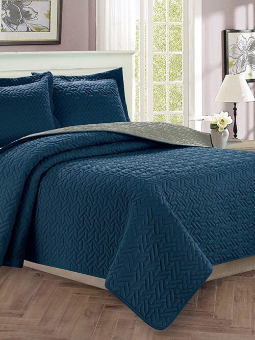 Celine Linen 3-Piece Bedspread Coverlet Quilted Set with Shams-Full/Queen Navy Blue/Gray