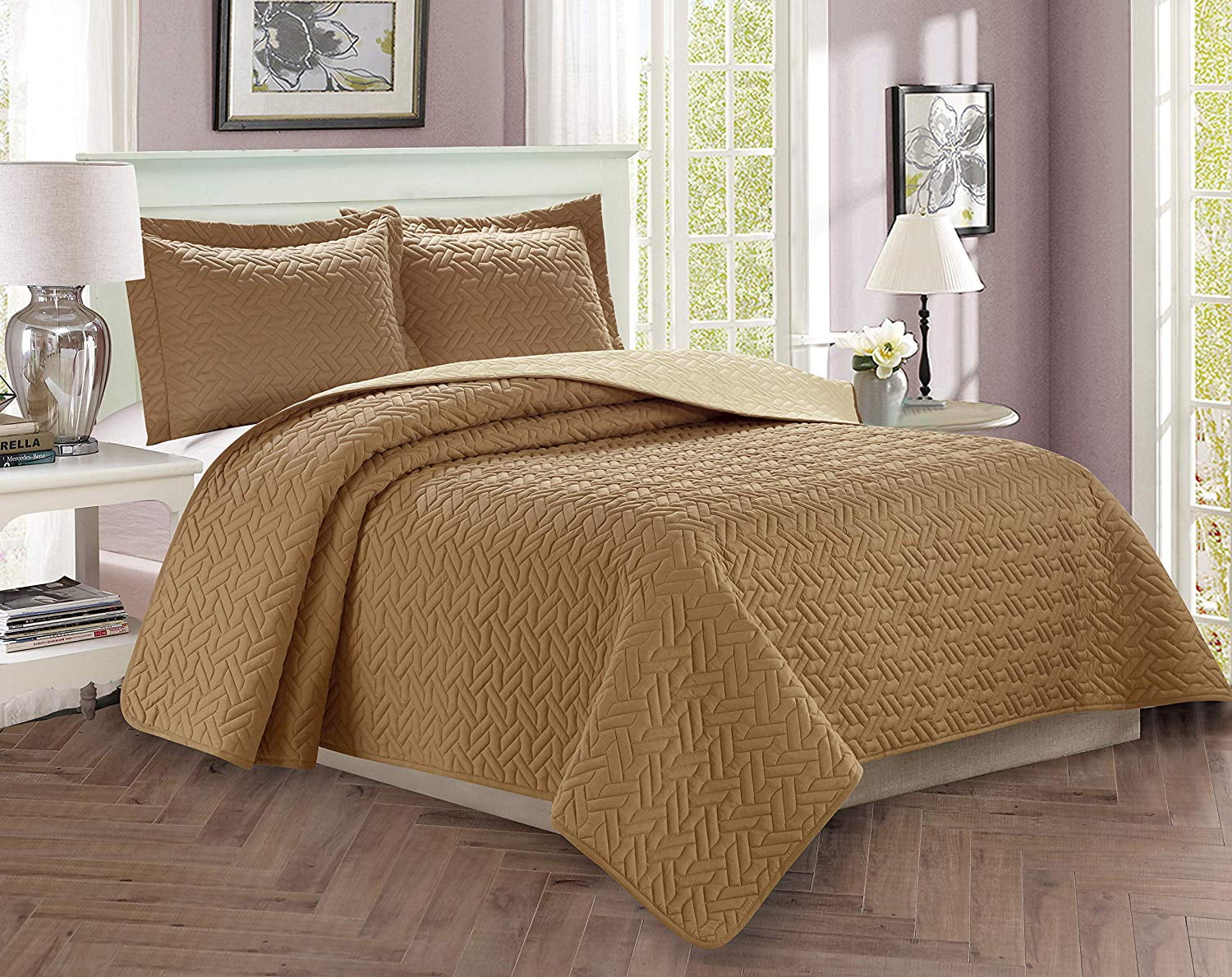 Celine Linen 3-Piece Bedspread Coverlet Quilted Set with Shams - Full/Queen, Taupe/Cream