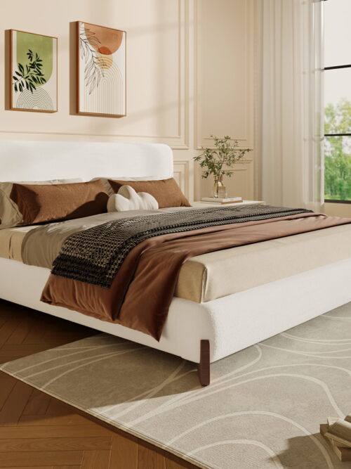 Christopher Knight Home Boucle Upholstered Queen Bed with Curved Wood legs, White