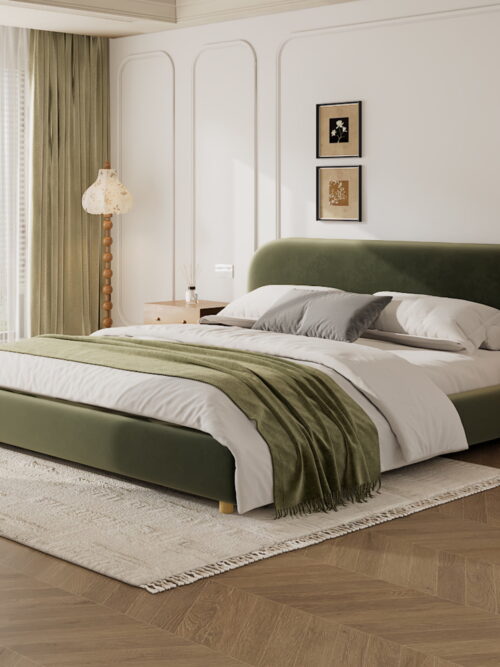 Christopher Knight Home King Platform Bed, Velvet Upholstered Frame with Curved Headboard, Olive Green