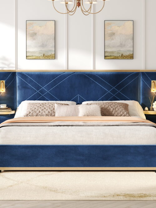 Christopher Knight Home Luxury Velvet Upholstered Queen Bed with Headboard, LED Lights, Storage Side Panels, Blue