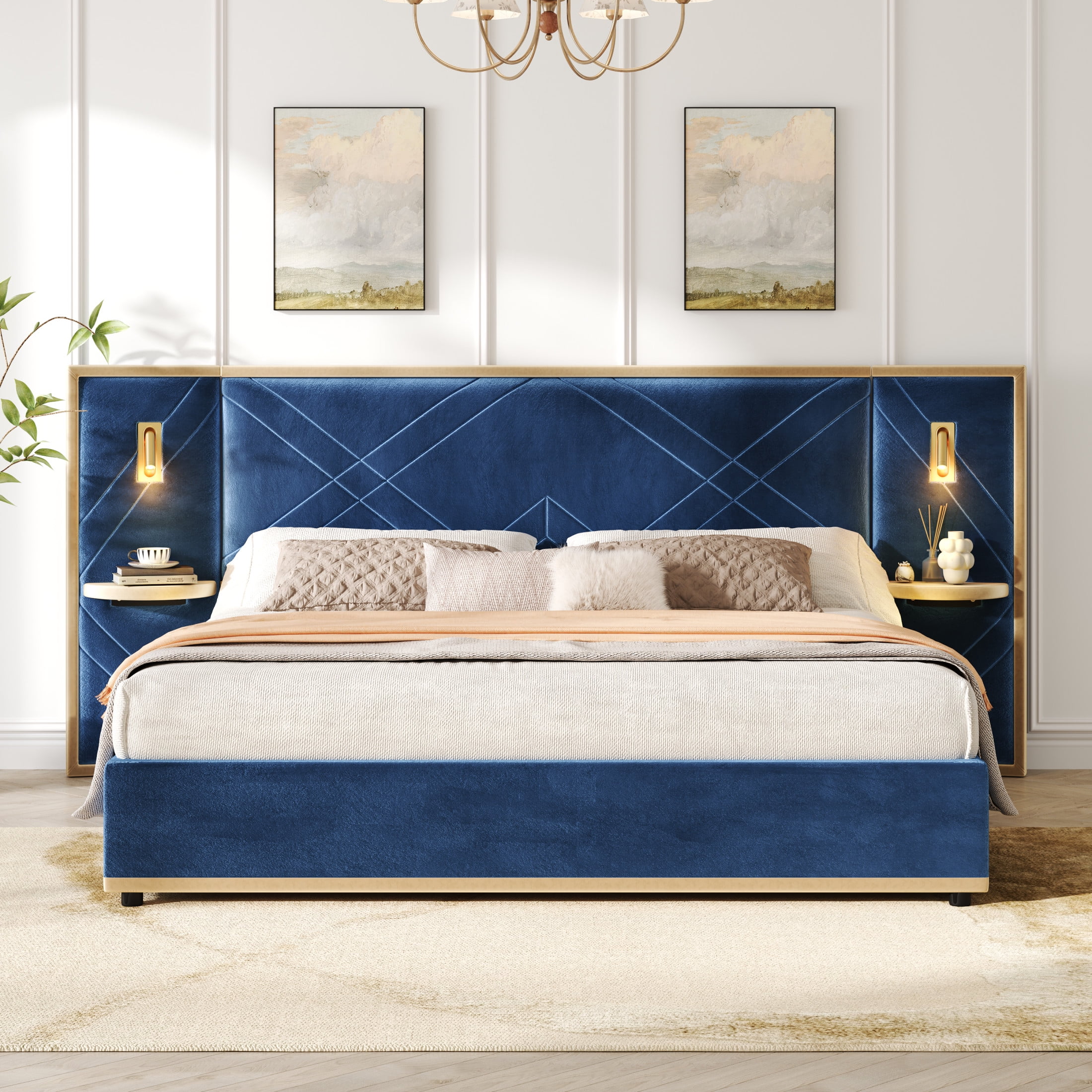 Christopher Knight Home Luxury Velvet Upholstered Queen Bed with Headboard, LED Lights, Storage Side Panels, Blue