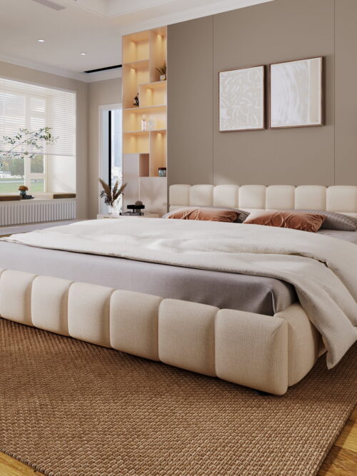 Christopher Knight Home Minimalist Chenille King Upholstered Bed, Tufted Checkerboard Headboard, Light Beige