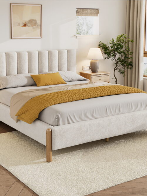 Christopher Knight Home Modern Boucle Queen Bed Frame, Vertical Stripe Headboard, Solid Wood, White
