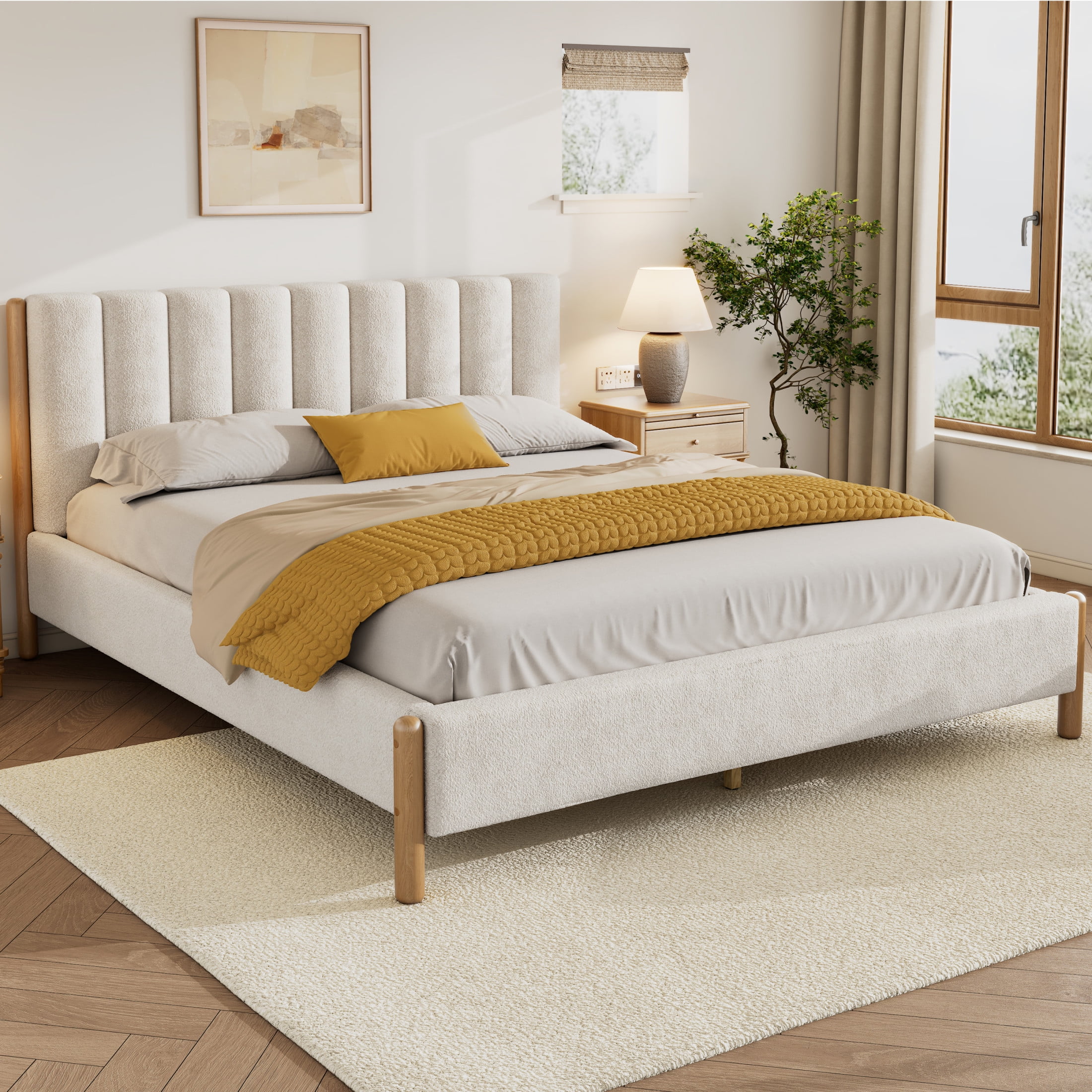 Christopher Knight Home Modern Boucle Queen Bed Frame, Vertical Stripe Headboard, Solid Wood, White