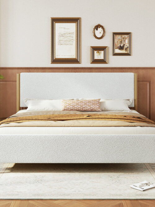 Christopher Knight Home Modern Boucle Upholstered King Bed Frame with Headboard, Solid Wood Legs, White