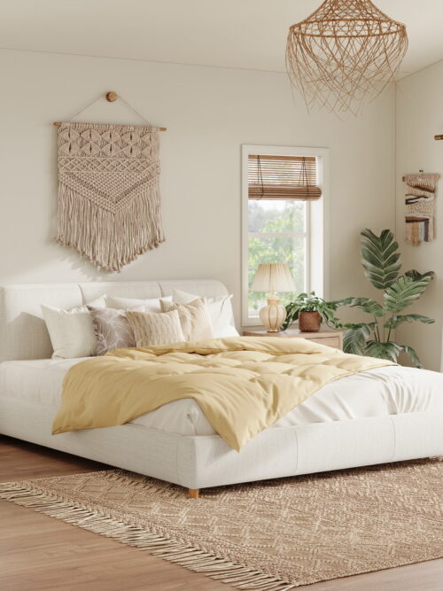 Christopher Knight Home Queen Linen Upholstered Platform Bed Frame with Headboard, Solid Wood Legs, White