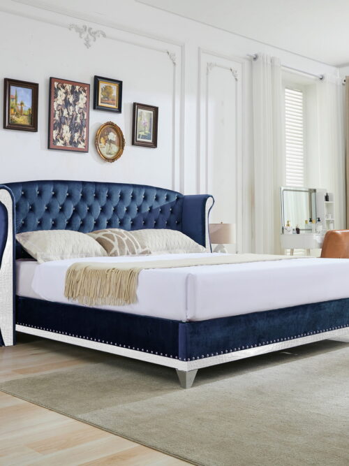 Christopher Knight Home Queen Velvet Platform Bed Frame, Nailhead Trim Button-Tufted Wingback Headboard, Blue