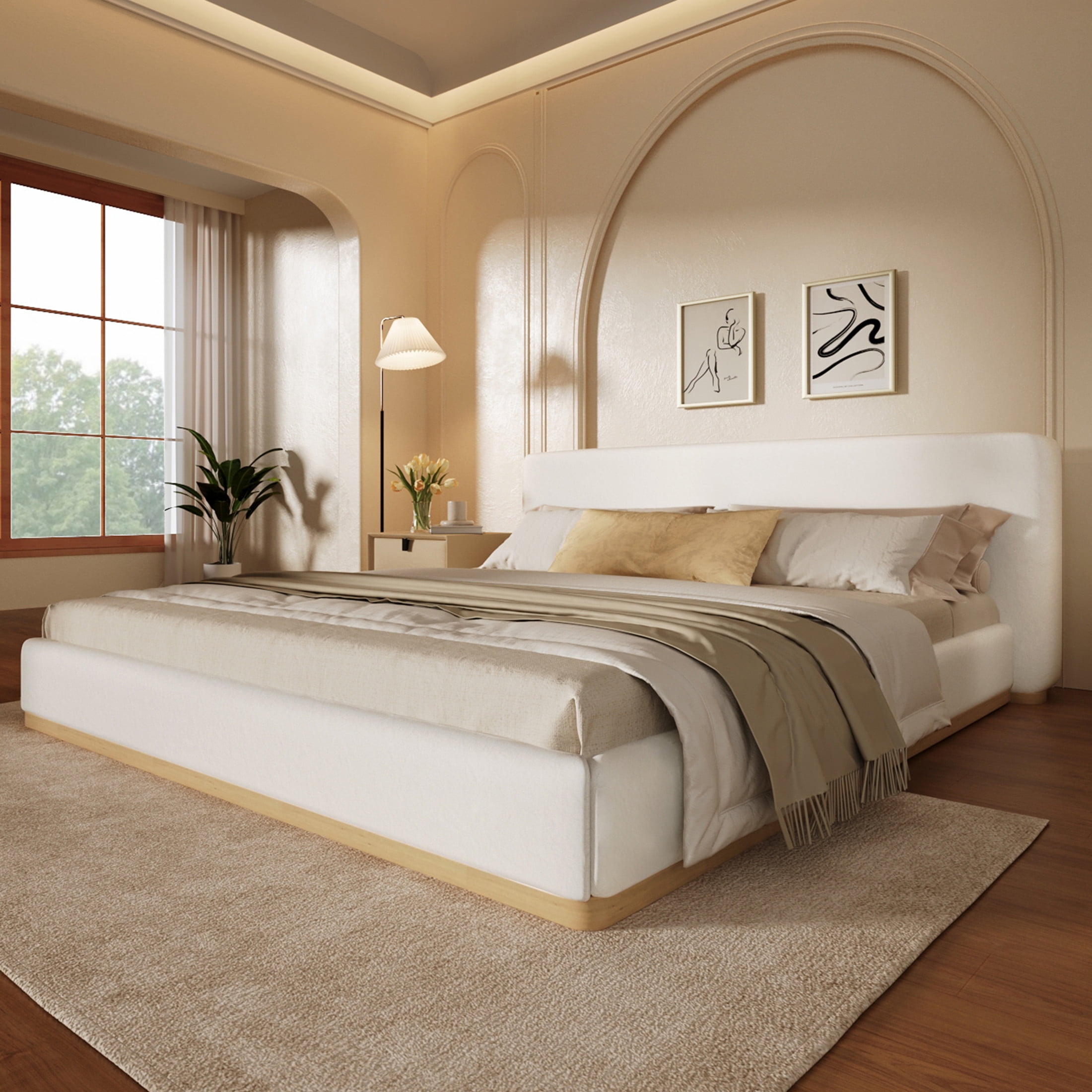 Christopher Knight Home Velvet Upholstered King Bed, Solid Wood Platform Bed Frame, White