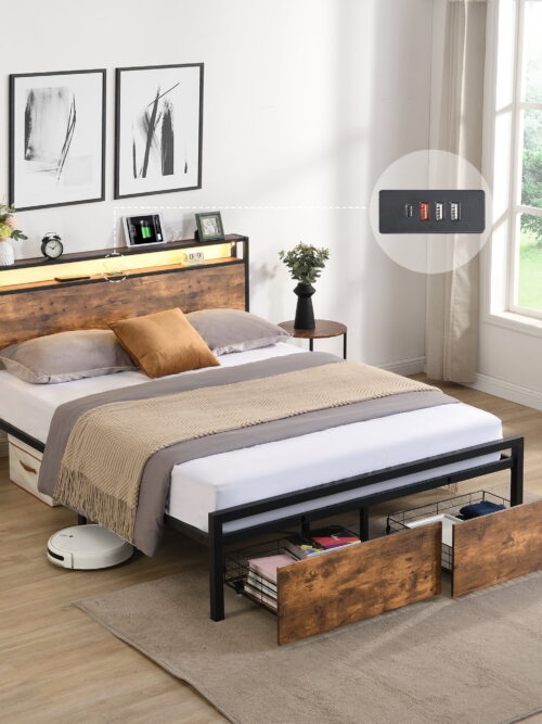 DEALTOPS Full Size Metal Bed with Storage Headboard and 2 Drawers, Platform Bed Frame with LED Lights, Charging Station, Brown
