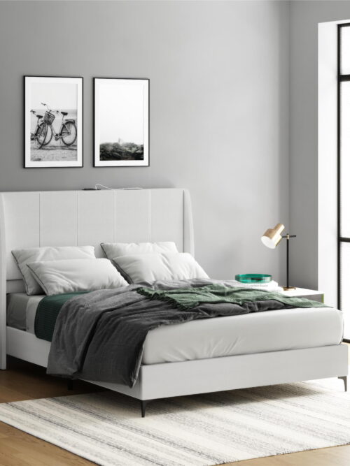 DHP Lamora Upholstered Wingback Bed Frame with USB, Queen, Light Gray Linen