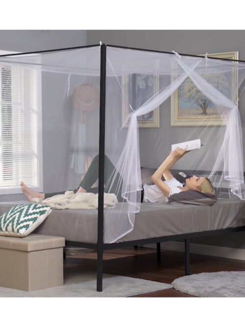 Dextrus King Size Canopy Bed Frame with Built-in Headboard No Box Spring Needed,Black