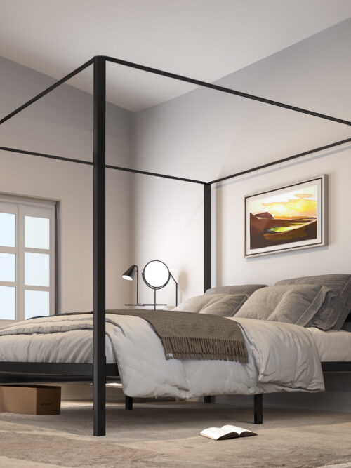 Dextrus King Size Metal Four Poster Canopy Bed Frame, Sturdy Platform with Built-in Headboard, Black