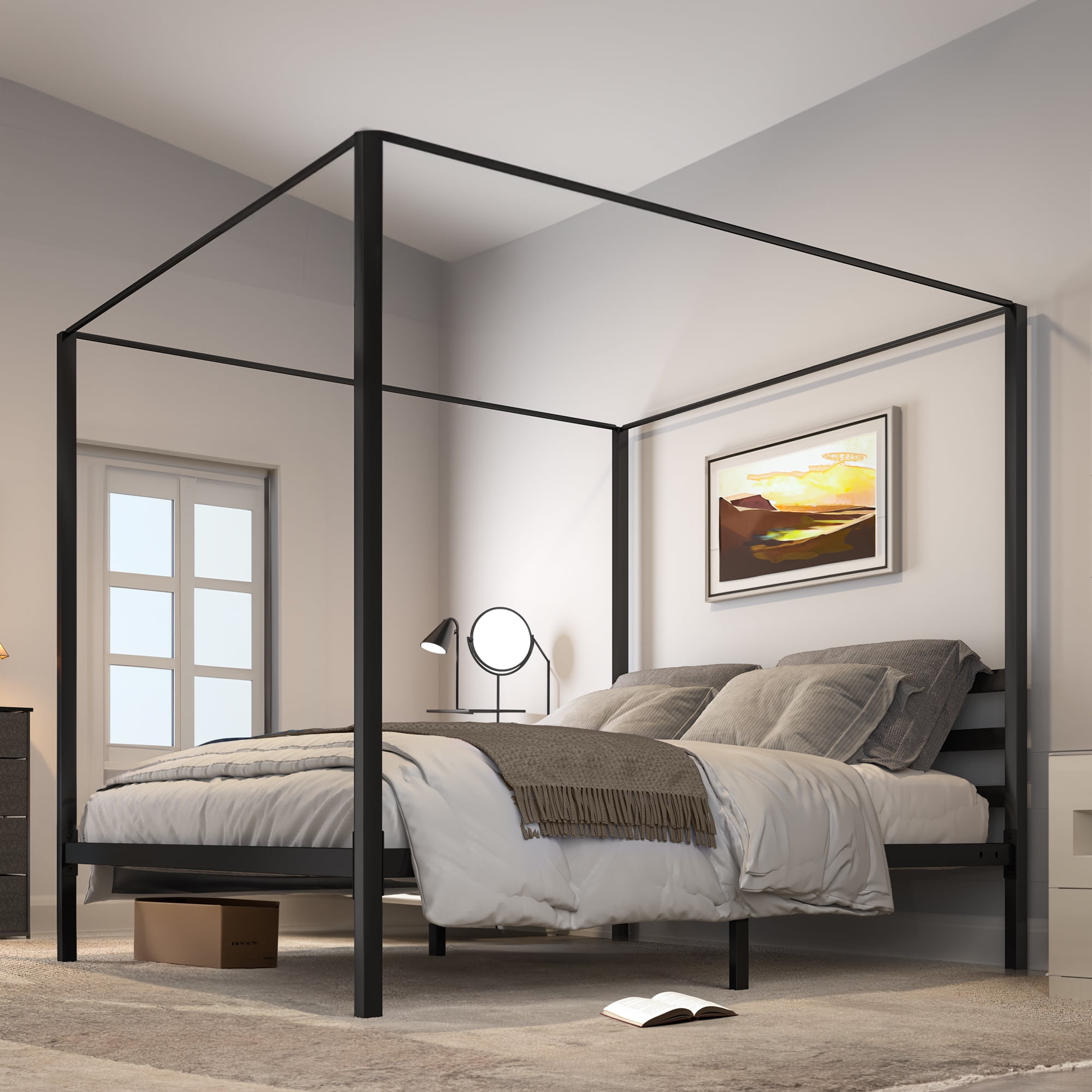 Dextrus King Size Metal Four Poster Canopy Bed Frame, Sturdy Platform with Built-in Headboard, Black