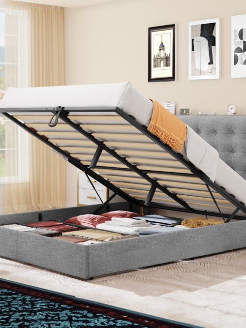 Dextrus King Size Platform Bed Frame with Hydraulic Lift Storage, Charging Station, Gray