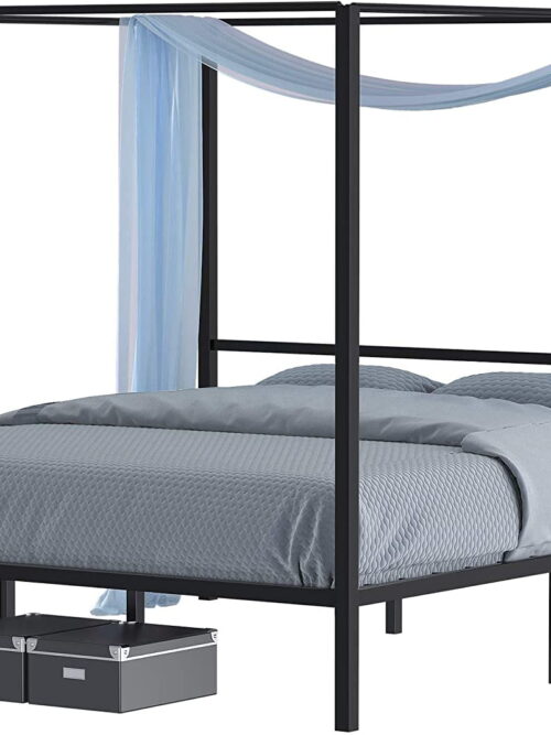 Dextrus Metal Canopy Bed Frame 14" Platform with Headboard Strong, Black, King Size Adult,No Box Spring Required
