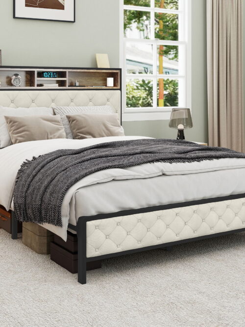 Dextrus Queen Size Footboard Metal Slats Bed Frame ,No Box Spring Needed,Beige