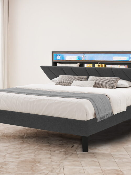 Dextrus Queen Size LED&Upholstered Headboard Bed Frame, No Box Spring Needed, Grey
