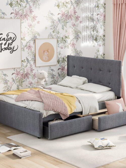 EUROCO Queen Size Linen Upholstered Platform Bed with Two Drawers, for Adults, Gray