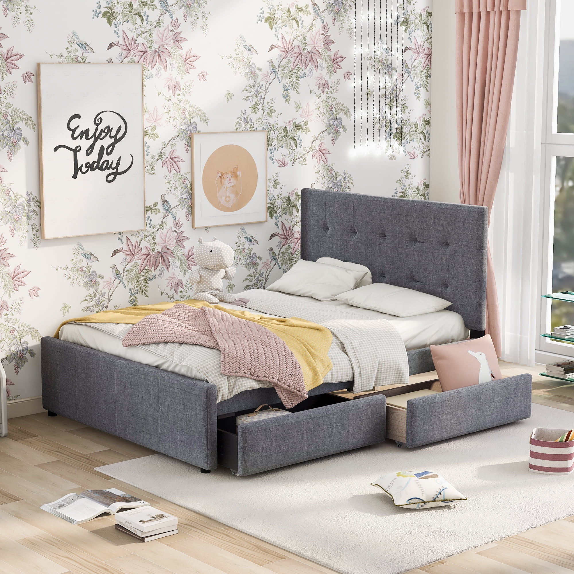 EUROCO Queen Size Linen Upholstered Platform Bed with Two Drawers, for Adults, Gray