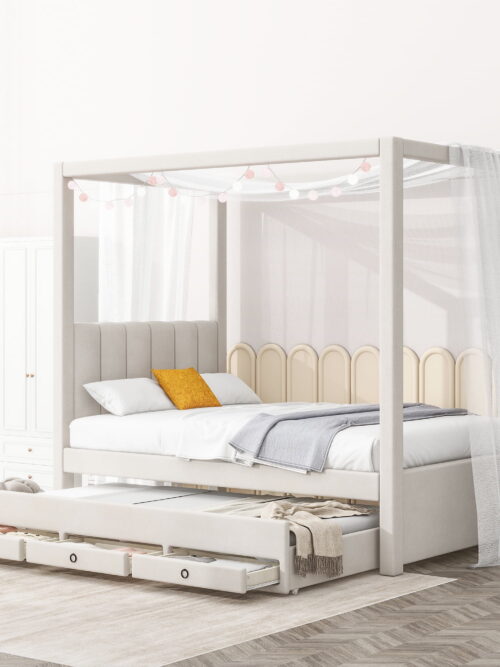 EUROCO Upholstered Twin Size Canopy Bed Frame with Trundle Bed and 3 Drawers, Platform Bed with Headboard for Kids Teens Adults, Beige