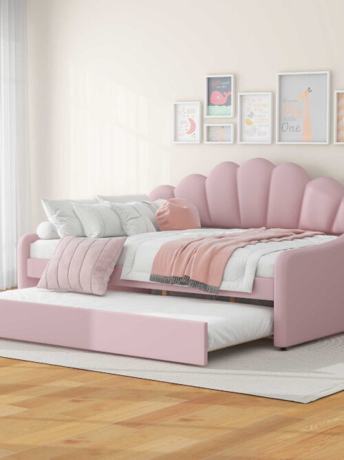 EUROCO Upholstery Full Size Platform Bed, Upholstery Daybed with Headboard and Trundle for Kids,Pink