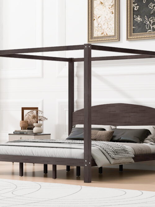 EUROCO Wood King Size Canopy Bed Frame, Solid Wood Platform Bed Legs for Kids Teens Adults, Brown