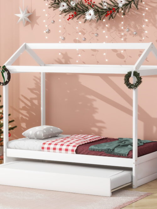 EUROCO Wood Twin Size Platform Bed, House Bed with Trundle, Solid Daybed for Kids Teens Toddler Bedroom