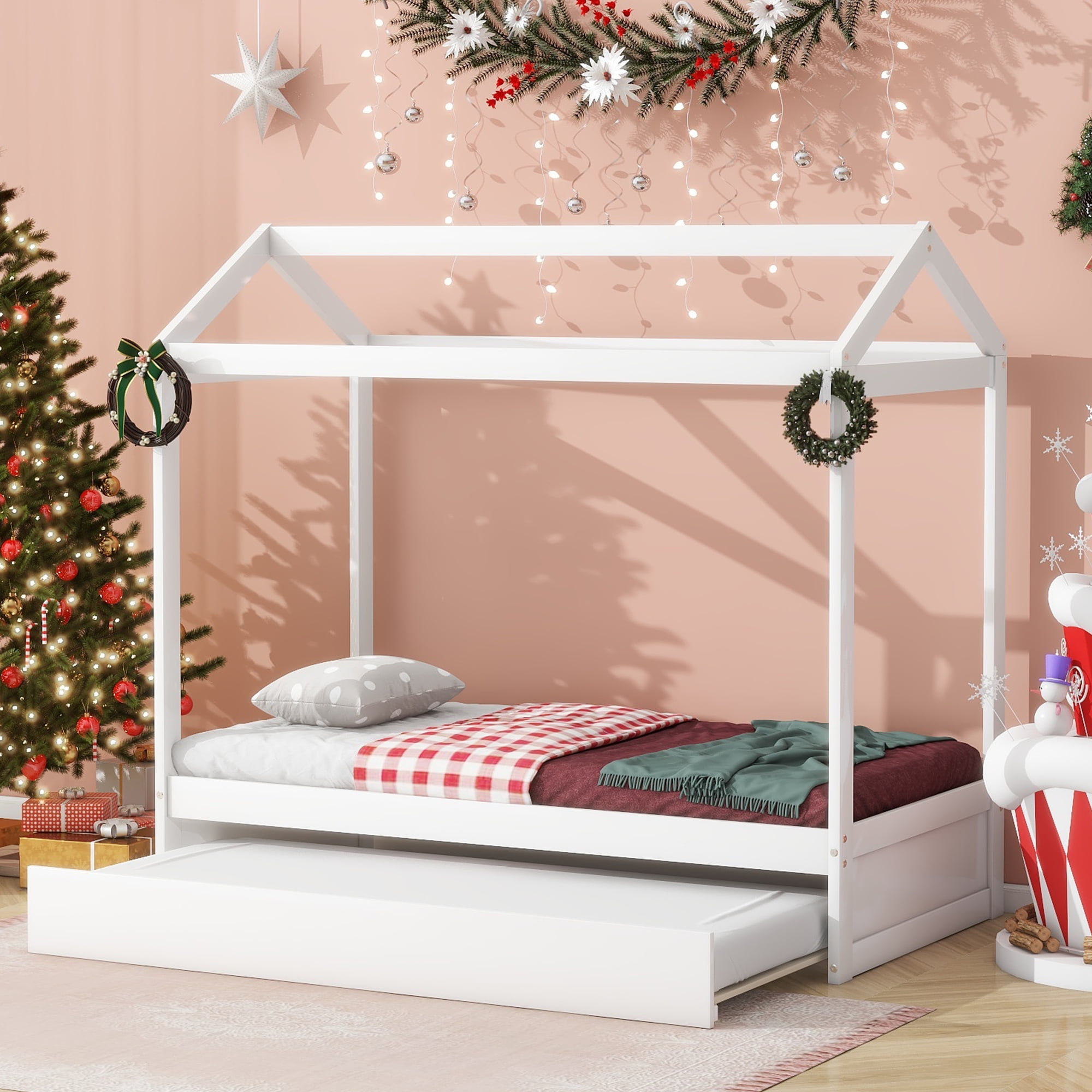 EUROCO Wood Twin Size Platform Bed, House Bed with Trundle, Solid Daybed for Kids Teens Toddler Bedroom