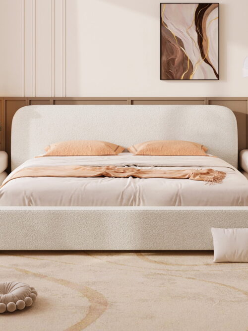 Esme Minimalist King Size Boucle Upholstered Platform Bed with Solid Wood Frame, White