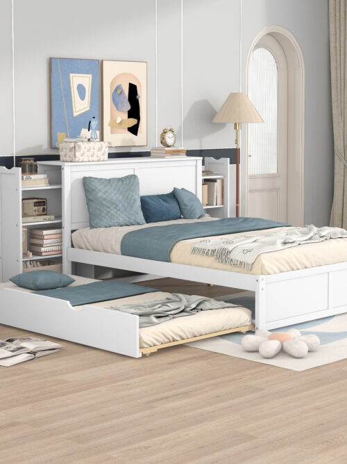 Euroco Full Size Wood Platform Bed with Trundle, Flexible 4-Tier Shelf in Headboard for Kids, White