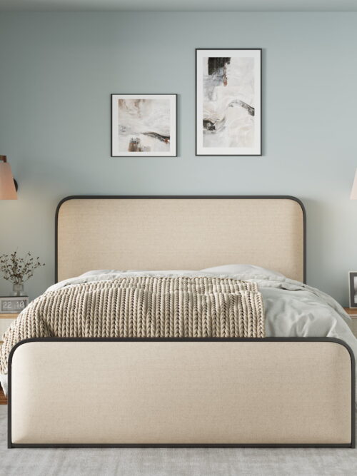 Euroco Metal Bed Frame with Upholstered Headboard, King Size Platform Bed for Adults, Beige