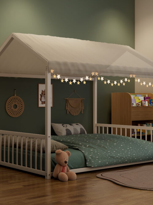 Euroco Metal Full Size Canopy Bed, Low Profile House Bed with Guardrails, White