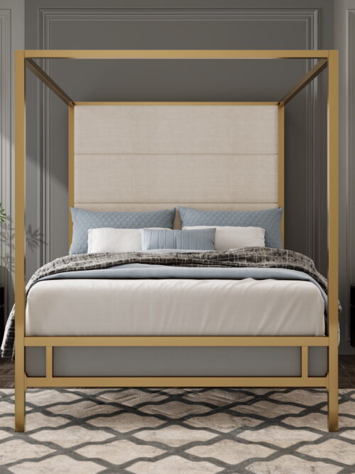 Euroco Metal King Size Canopy Bed with Upholstery Headboard, Gold