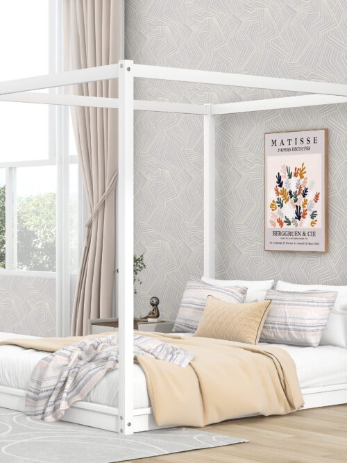 Euroco Pine Wood Queen Size Canopy Bed, Low Profile Platform Bed with Support Legs for Adults, White