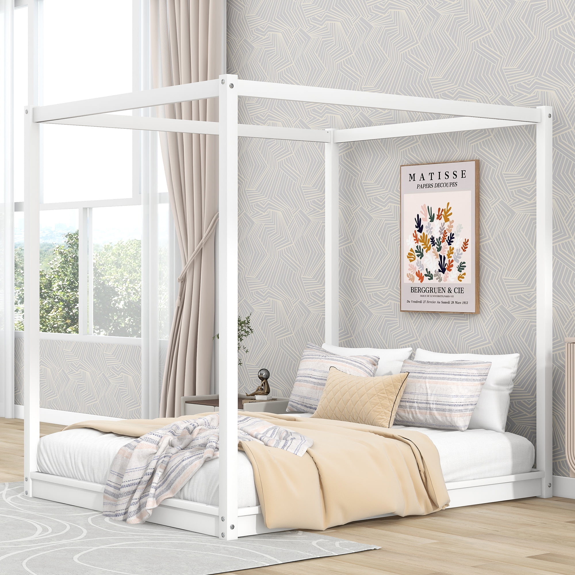 Euroco Pine Wood Queen Size Canopy Bed, Low Profile Platform Bed with Support Legs for Adults, White