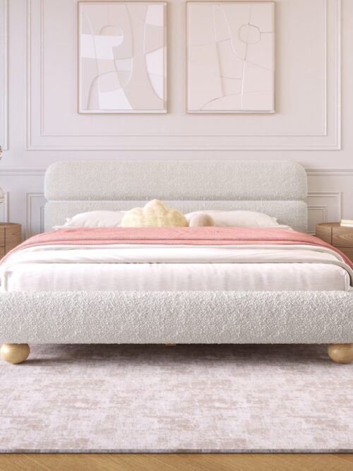 Euroco Teddy Fleece Fabric Queen Size Platform Bed with Round Legs, White