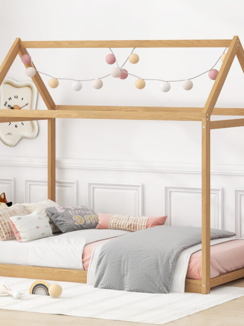 Euroco Twin Wood House Bed Frame with Roof, Wood