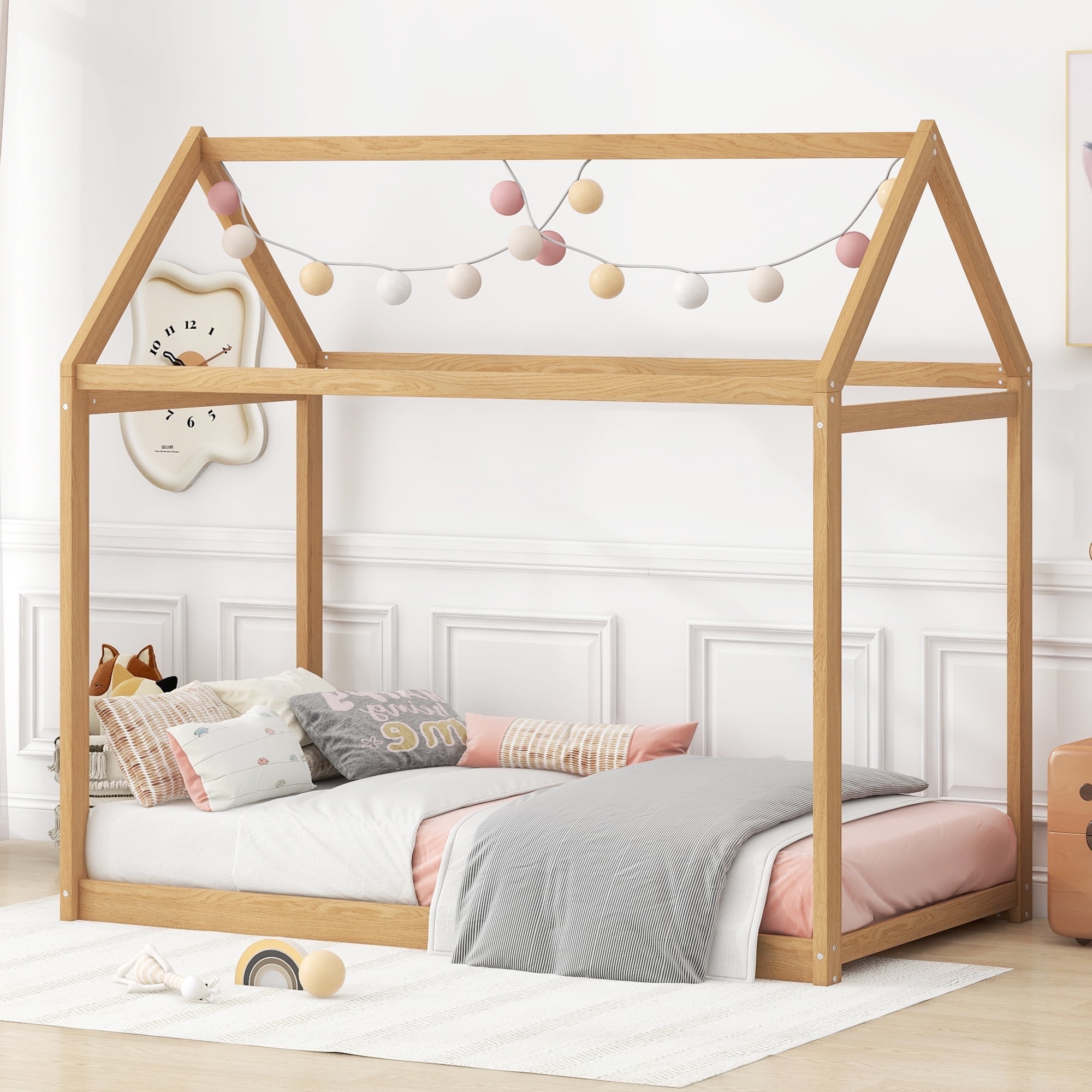 Euroco Twin Wood House Bed Frame with Roof, Wood