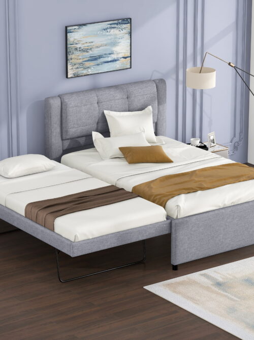 Euroco Upholstered Full Platform Bed with Pop-up Twin Trundle for Bedroom, 2 Beds in One, Gray