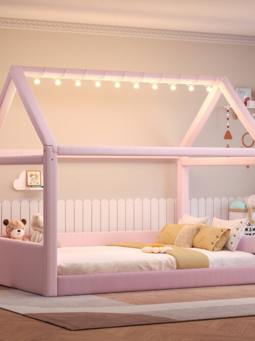 Euroco Upholstered Full Size Platform Bed, House Canopy Bed with LED Light Strip, Pink