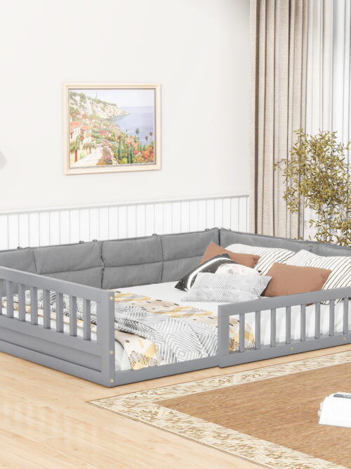 Euroco Upholstered Full Size Platfrom Bed, Floor Bed with Pillow, Gray